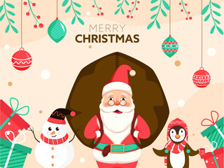 Illustration of Santa Claus Lifting a Heavy Sack with Cartoon Penguin, Snowman, Gift Boxes and Hanging Baubles Decorated Background for Merry Christmas.