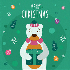 Illustration of Cartoon Polar Bear Holding a Gift Box with Baubles, Snowflakes and Leaves Decorated on Green Background for Merry Christmas Celebration.