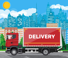 Red delivery van at cityscape background. Express delivering services commercial truck. Concept of fast and free delivery by car. Cargo and logistic. Cartoon flat vector illustration