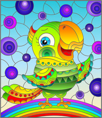 Illustration in stained glass style with abstract cute bright parakeet on a sky background with rainbow 