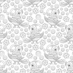 Seamless pattern with parakeets and flowers in stained glass style, dark contours  on a light background