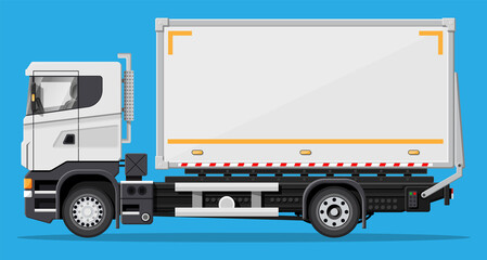 White delivery van isolated on blue background. Express delivering services commercial truck. Concept of fast and free delivery by car. Cargo and logistic. Cartoon flat vector illustration