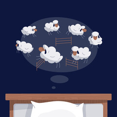 Cartoon sheep jumping over fence on night background. Trying to sleep, counting the sheep, insomnia, sleep disorder, sleeplessness, dream concept. Vector modern cute animal illustration in flat design