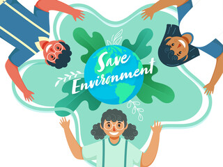 Save Environment Concept with Cartoon Children Raising Hands Up and Earth Globe on Green Leaves Background.