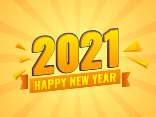 2021 Happy New Year Text with 3D Triangle Elements on Yellow Rays Background.
