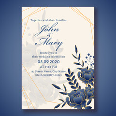 Wedding Invitation Card Template Layout Decorated with Blue Rose Flowers and Leaves and Event Details.