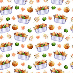 Watercolor hand painted seamless pattern with vintage metal garden basin with pumpkins, apples and autumn leaves on white background. Perfect for scrapbooking or unique fall or thanksgiving design.