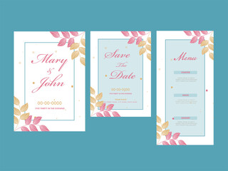 Leaves Decorated Invitation Card, Save The Date, Menu Template Layout for Wedding.