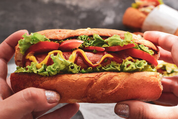One hot-dog with mustard, ketchup, lettuce, cheese. Close up. Dark background. Woman hold a hot-dog in hands