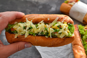 One hot-dog with mustard, ketchup, lettuce, cheese. Close up. Dark background. Woman hold a hot-dog in hands