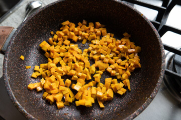 studio-shot of preparing lunch for the family. cooking pumpkin soup in a modern kitchen.