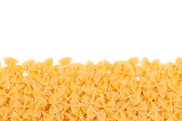 Italian pasta border for menu design template, raw farfalle over white background with copy space. Uncooked raw farfalle pasta on white background. Space for text