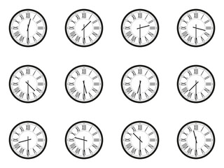  Set of analog wall clocks with black frame and hands. Flat style vector illustration. Simple classic round wall clock with roman numbers isolated on white background