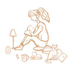 Girl with a cat sits on pillows