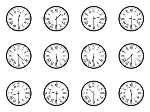  Set of analog wall clocks with black frame and hands. Flat style vector illustration. Simple classic round wall clock with roman numbers isolated on white background