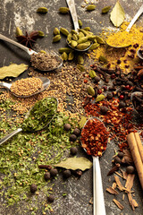 spices and herbs, set of spices on spoons in circle