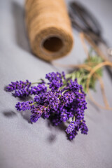 Fresh flowers of lavender bouquet on rustic wooden background
