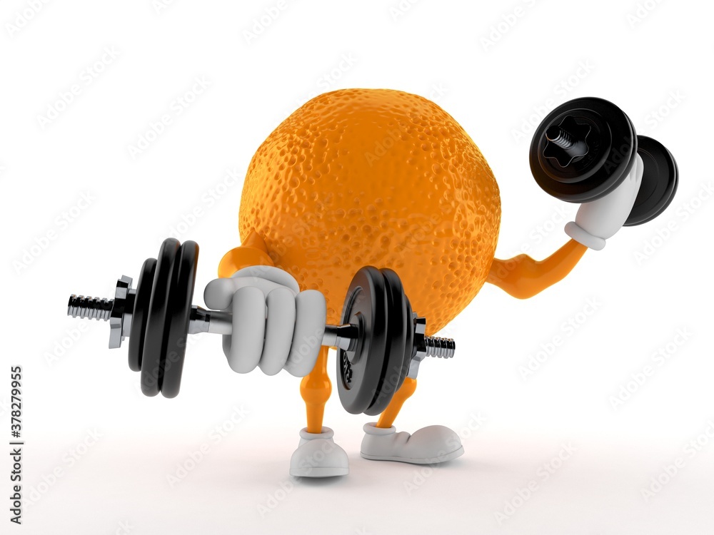 Poster orange character with dumbbells