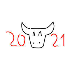 New year 2021. Face of  bull. Vector icon outline illustration for greeting card, t shirt, print, stickers, posters design.