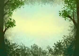 Fairytale magic forest background. 2D magic background for fairytale scene, posters, cards, wallpapers. Design for nursery room decor.