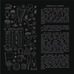 Card template with Ireland related hand drawn icons including irish coffee; irish round tower and others. Doodle vector Ireland related collection