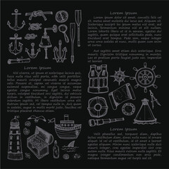 Card template with cute hand drawn elements of marine theme including ships, anchors, shells and others. Hand drawn marine collection