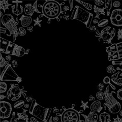 Frame with cute hand drawn elements of marine theme including anchors, fish, shells and others. Hand drawn marine collection