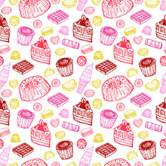 Seamless pattern with cute hand drawn sweets and candies