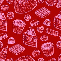 Seamless pattern with cute hand drawn sweets and candies