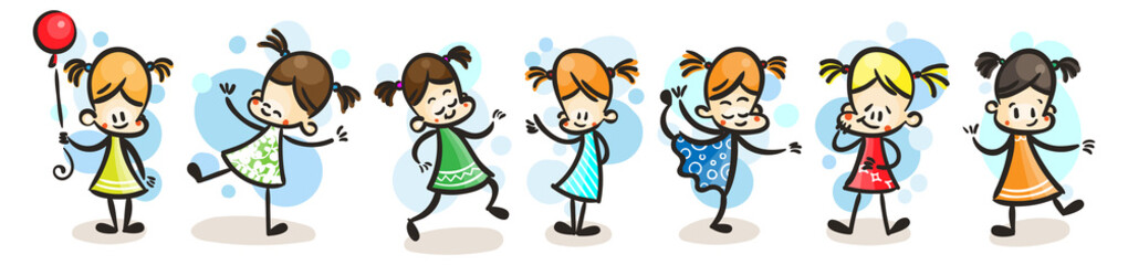 Collection of happy cartoon kids, colored hand drawn doodle outline style