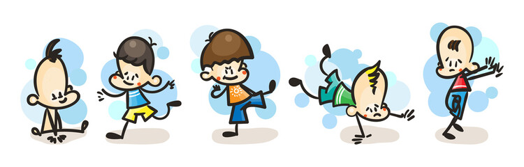 Collection of happy cartoon kids, colored hand drawn doodle outline style