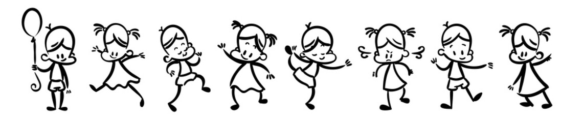 Collection of happy cartoon kids, lined hand drawn doodle outline style