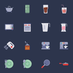 Kitchen supplies elements collection, kitchenware flat icons set, Colorful symbols pack contains - gas stove, microwave oven, coffee machine, fridge, blender. Vector illustration. Flat style design