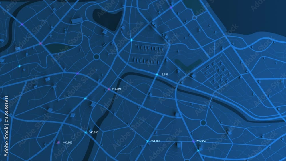 Poster 3d rendering gps map navigator with a random counter number, different color of a destination point 