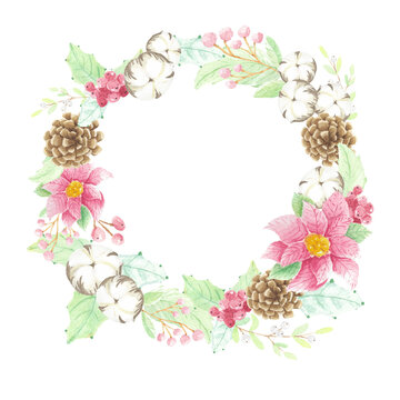 watercolor christmas flower poinsettia pine cone cotton and berry wreath frame with copy space isolated on white background