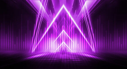 Background empty show scene. Ultraviolet dark abstract background. Geometric neon shapes, neon glow, blue and pink lighting