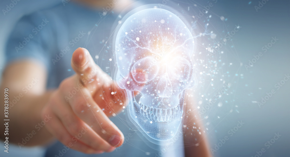 Aufkleber Man using digital x-ray skull holographic scan projection 3D rendering