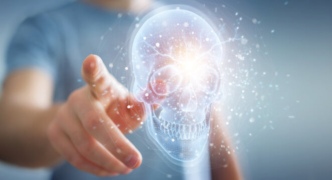 Man using digital x-ray skull holographic scan projection 3D rendering