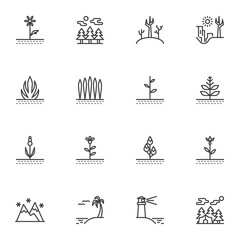 Nature, outdoors line icons set, outline vector symbol collection, linear style pictogram pack. Signs, logo illustration. Set includes icons as forest trees, flowers, plants, mountains, island