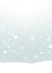 雪の結晶とふわふわの雪が降る雪原の風景　背景素材（銀色）縦