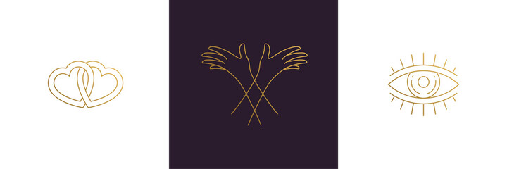 Vector line elegant decoration design elements set - eye and female gesture hands illustrations minimal linear style