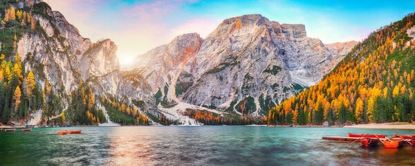 Marvelous scenery of famous alpine lake Braies at autumn.
