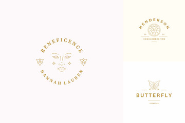 Vector line logos emblems design templates set - female face and butterfly illustrations