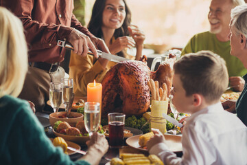 Photo of family meeting served table thanks giving dinner slicing stuffed grilled turkey living room indoors
