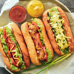 Three hot dogs with different fillings. View from above. Hot dogs with mustard and ketchup, lettuce, cheese and tomatoes. Close-up