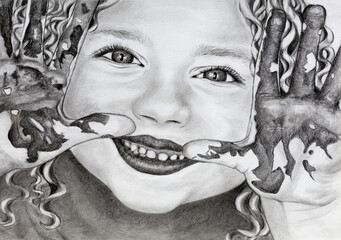 A black and white pencil sketch portrait of a cute little girl with curls and a smile and she is holding up her hands which are covered in paint.  