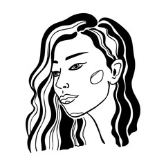 Vector black-white illustration portrait of a young girl. Female face on a white background isolated.
