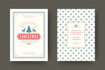 Christmas greeting card vintage typographic design, ornate decorations symbols with tree, winter holidays wish