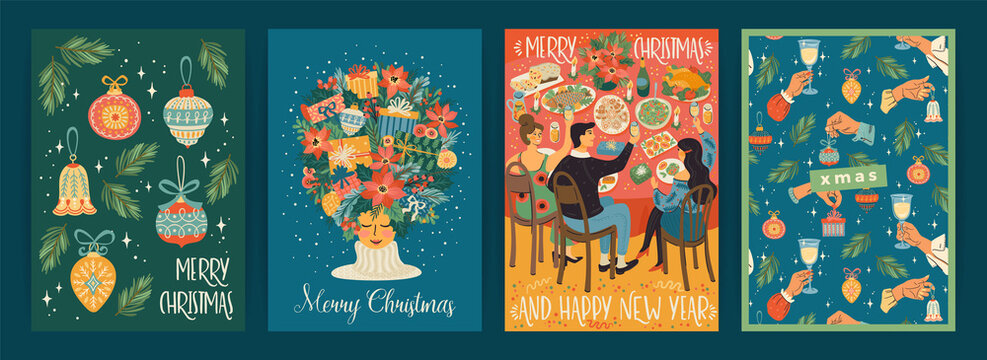 Set of Christmas and Happy New Year illustrations. Trendy retro style.