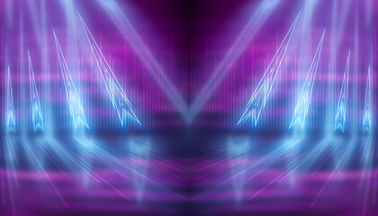 Background empty show scene. Ultraviolet dark abstract background. Geometric neon shapes, neon glow, blue and pink lighting